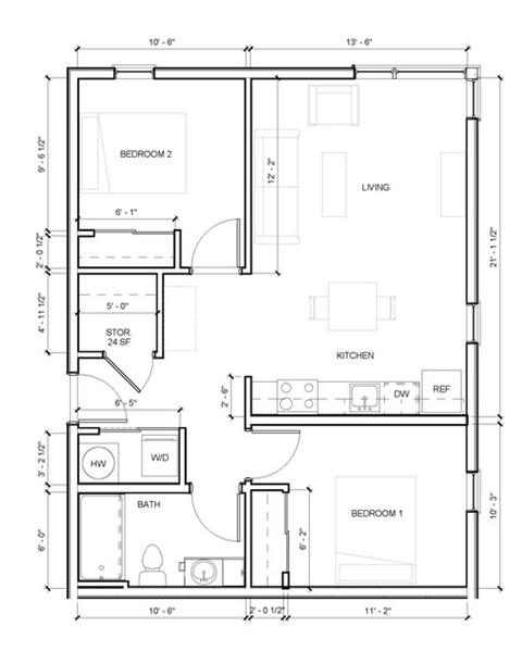 Floor plan for 2 beds, 1 bath, 819 sqft